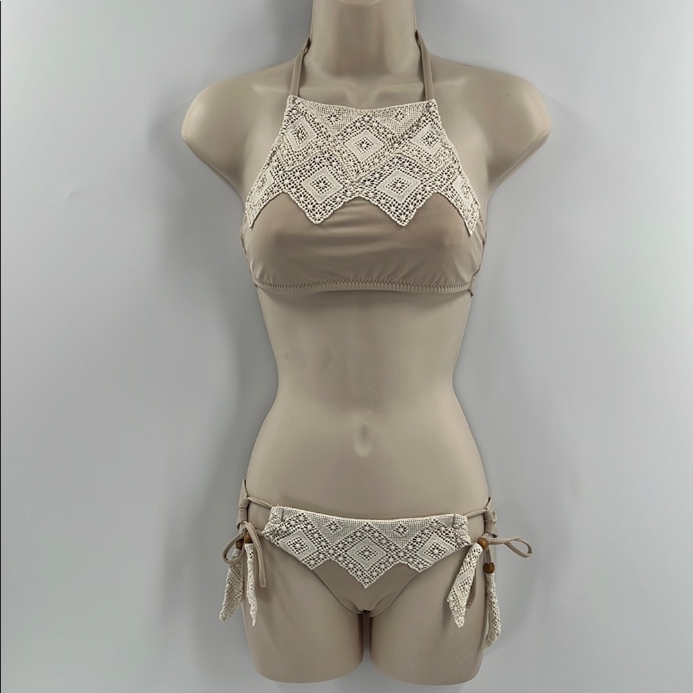 BECCA Bikini Set High Neck Crochet Lace Beaded Boho Nude Beige Tan Cream Sm/XSm - Picture 5 of 10